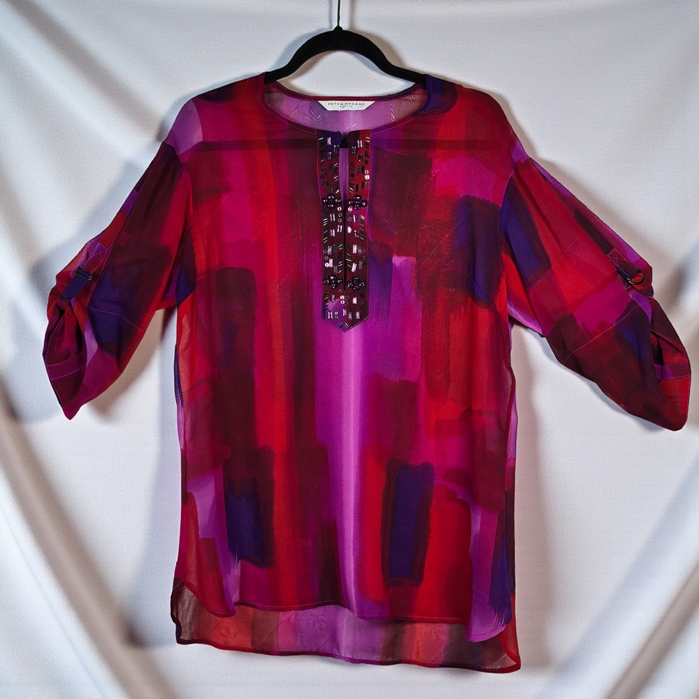 Peter Nygard Petite‎ Tunic Top Women Medium? Sheer Artsy Embellished Abstract